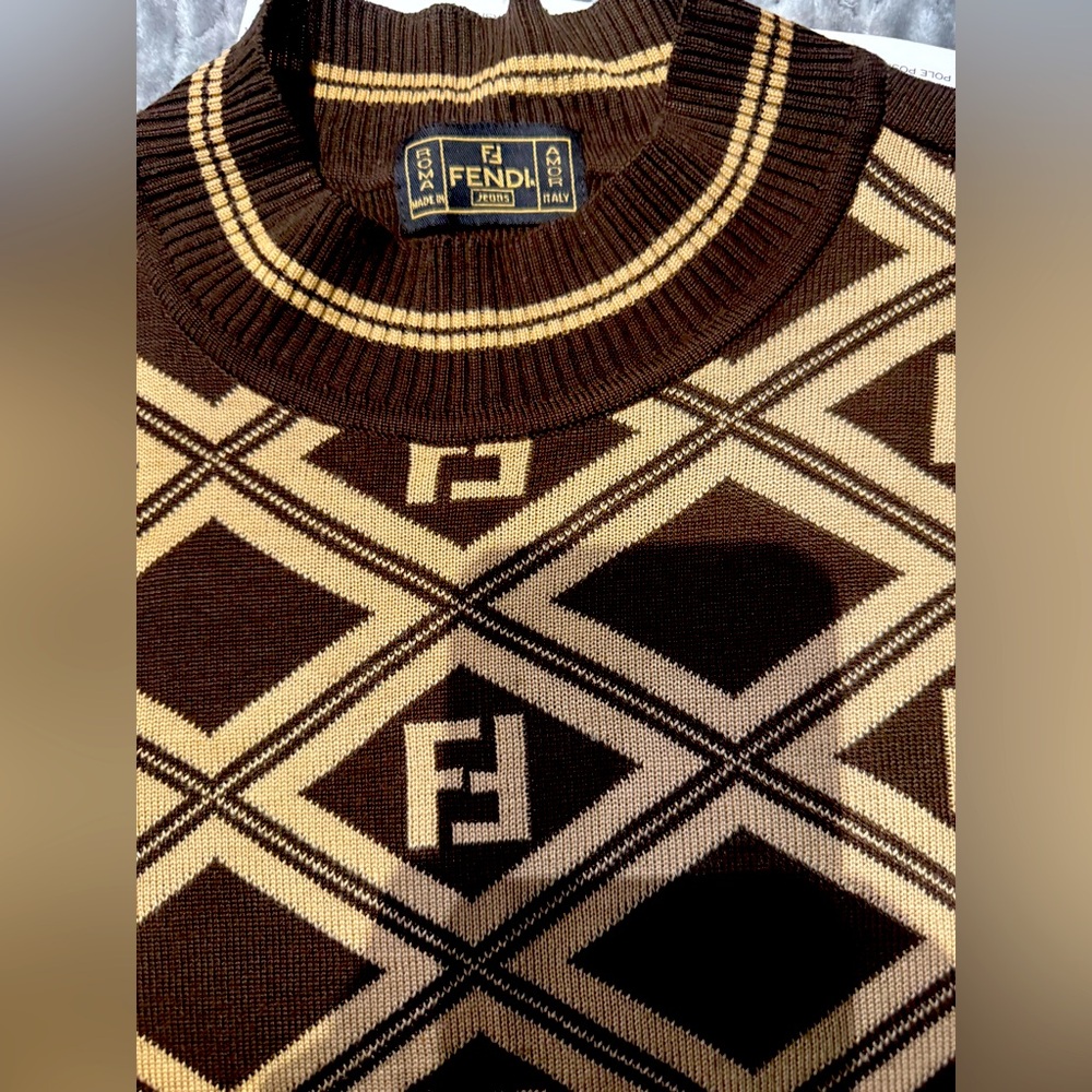 Authentic used vintage Fendi Men's Tan and Brown Patterned Crewneck Sweater
